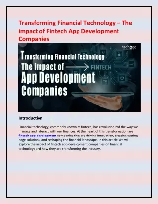 Transforming Financial Technology – The impact of Fintech App Development Companies
