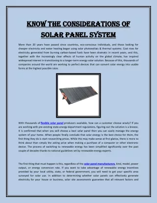 Know the Considerations of Solar Panel System