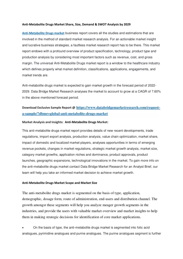 anti metabolite drugs market share size demand