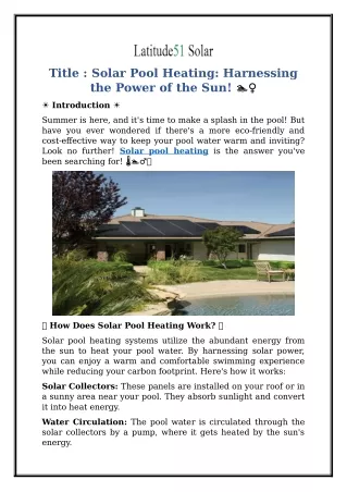 Solar Pool Heating: Harnessing the Power of the Sun!