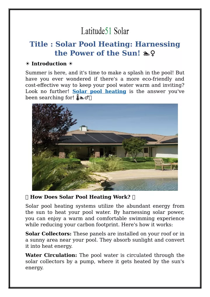 title solar pool heating harnessing the power