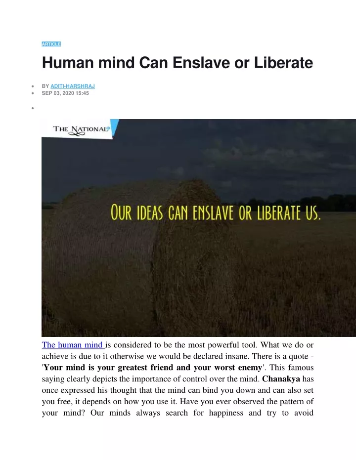 article human mind can enslave or liberate