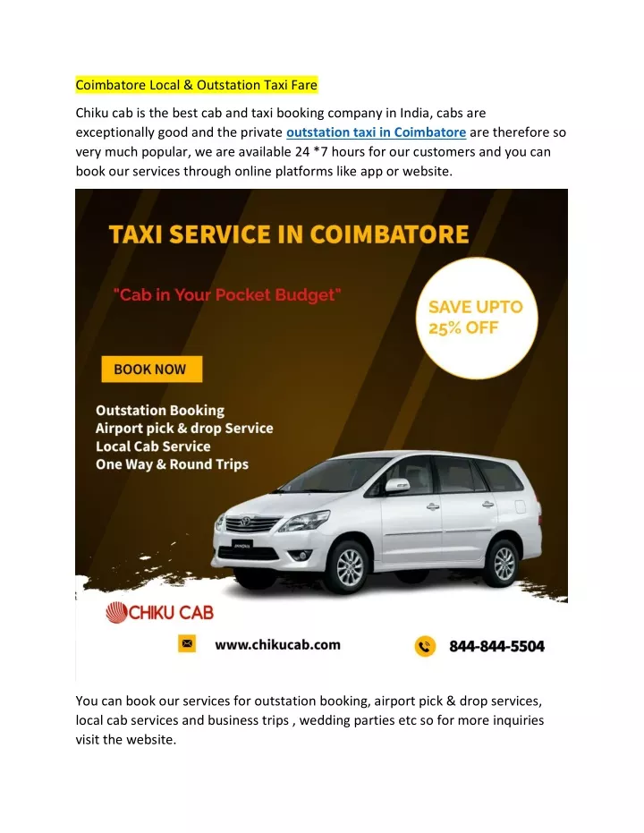 coimbatore local outstation taxi fare