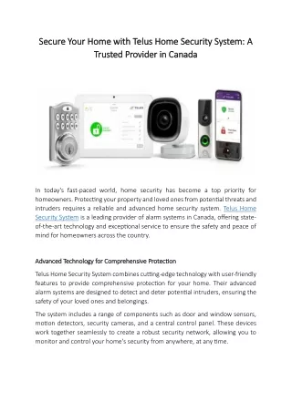 Secure Your Home with Telus Home Security System: A Trusted Provider in Canada