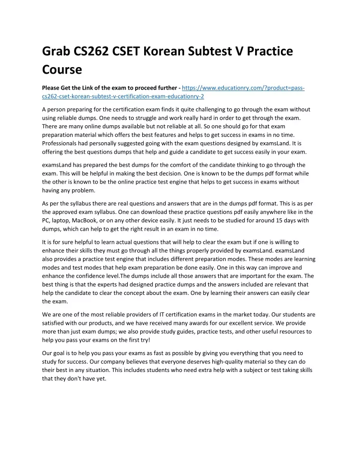 grab cs262 cset korean subtest v practice course