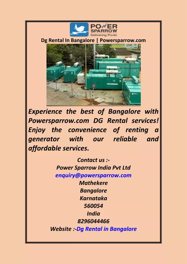 dg rental in bangalore powersparrow com