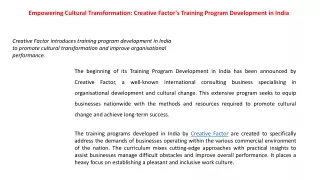 Empowering Cultural Transformation Creative Factor's Training Program Development in India