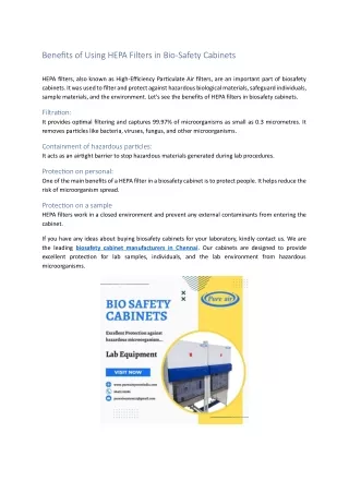 Benefits of Using HEPA Filters in Bio-Safety Cabinets