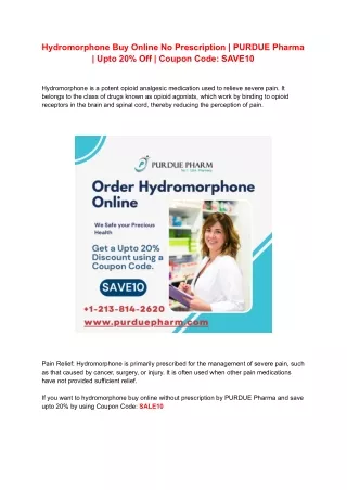 Hydromorphone Buy Online No Prescription | PURDUE Pharma | Upto 20% Off