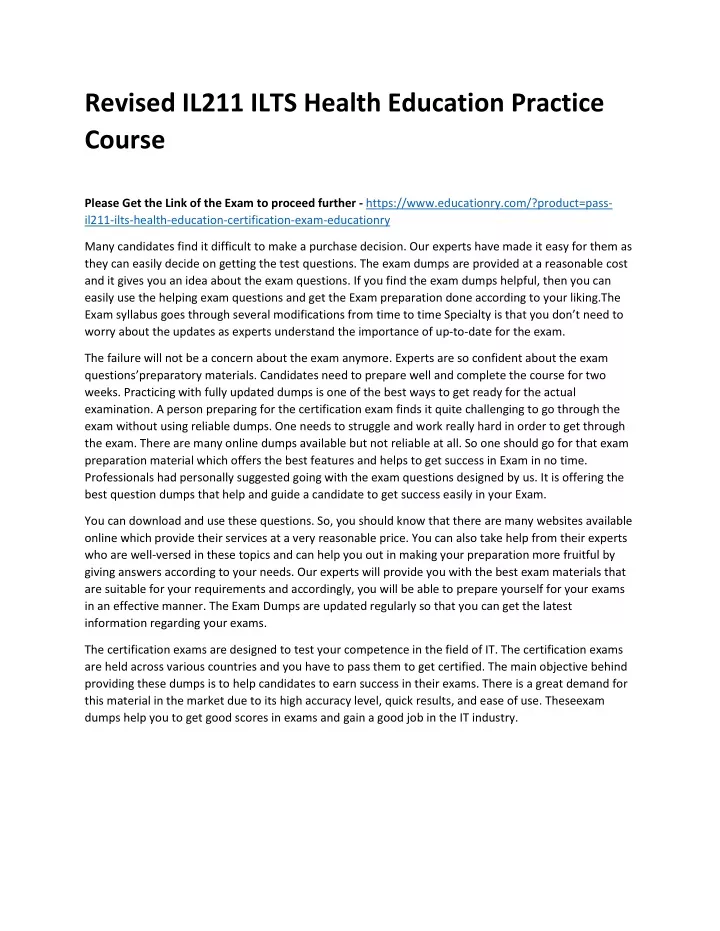 revised il211 ilts health education practice