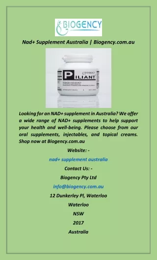 Nad  Supplement Australia  Biogency.com