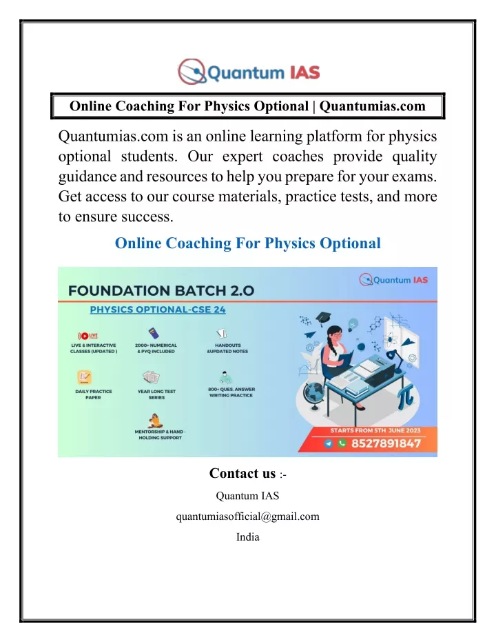 online coaching for physics optional quantumias