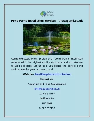 Pond Pump Installation Services  Aquapond.co.uk