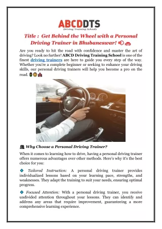 Get Behind the Wheel with a Personal Driving Trainer in Bhubaneswar