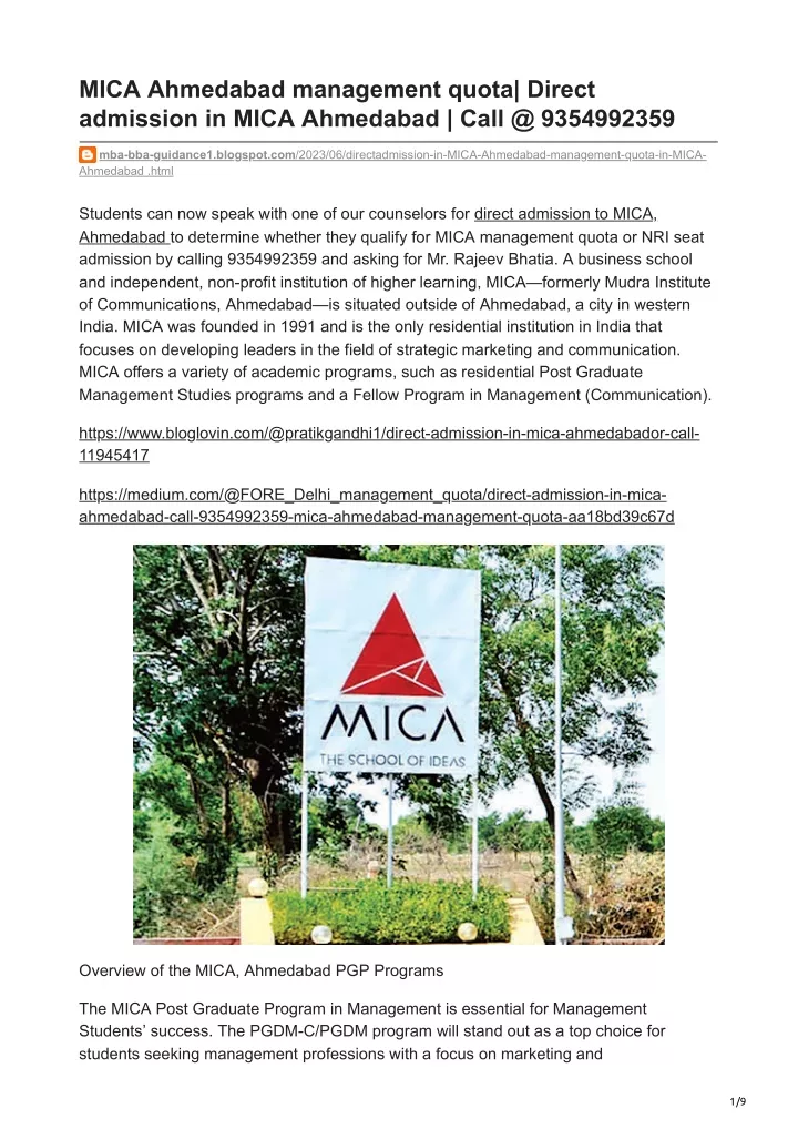 mica ahmedabad management quota direct admission