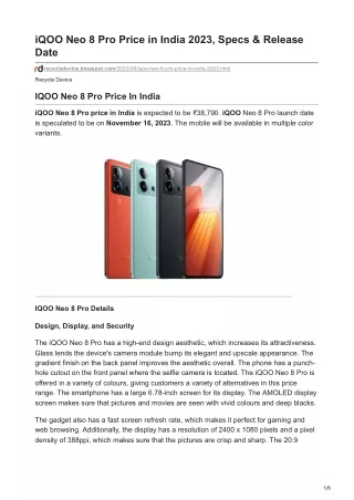 iqoo neo 8 pro price in india 2023 specs release