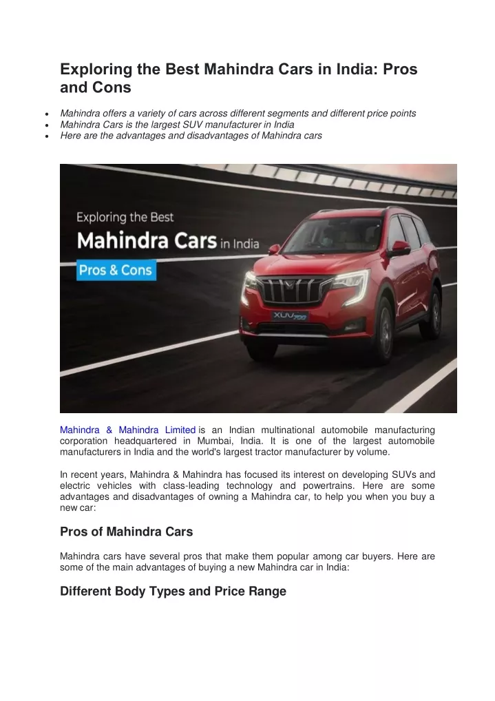 exploring the best mahindra cars in india pros