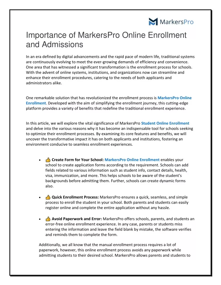 importance of markerspro online enrollment
