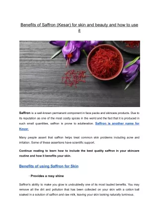 Benefits of Saffron (Kesar) for skin and beauty and how to use it