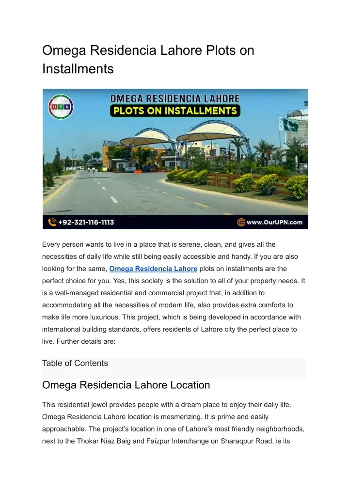 omega residencia lahore plots on installments