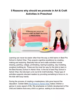 5 Reasons why should we promote in Art & Craft Activities in Preschool