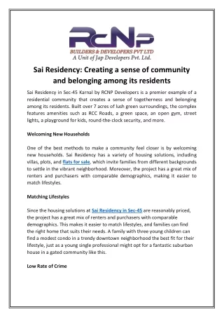 Sai Residency Creating a sense of community and belonging among its residents