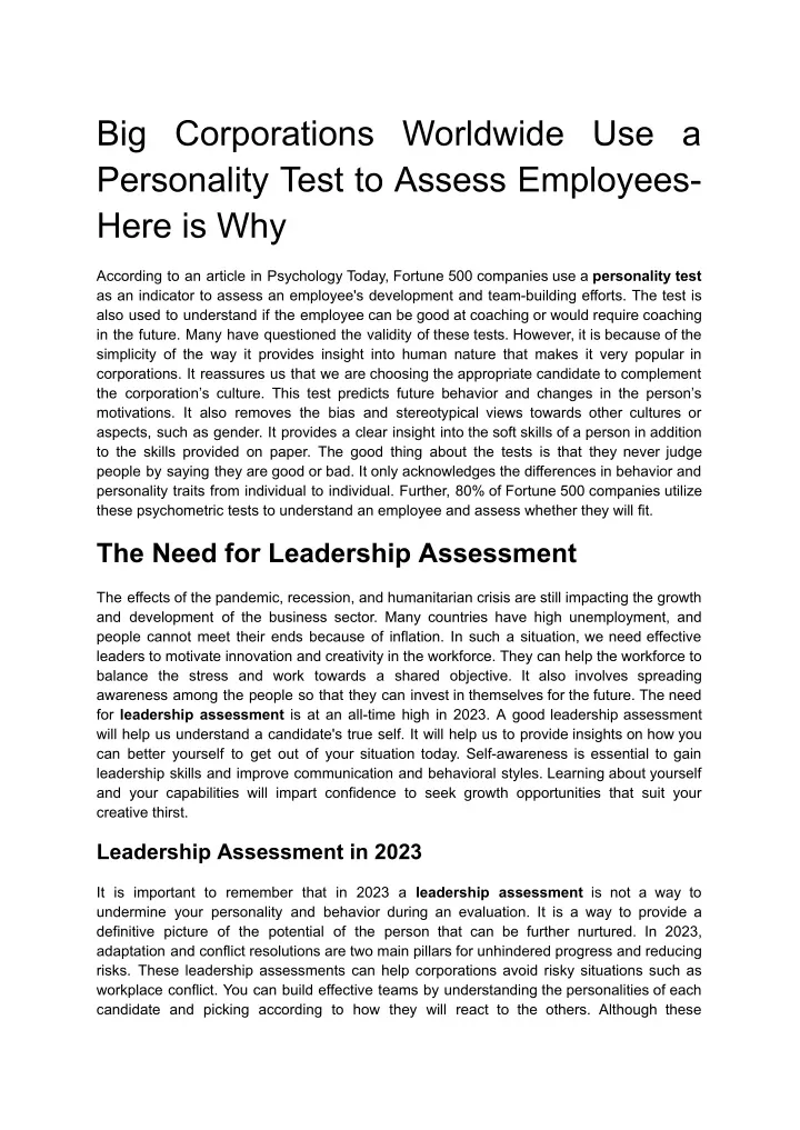 big corporations worldwide use a personality test