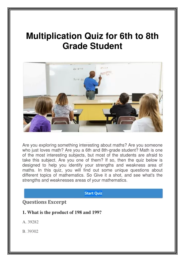 multiplication quiz for 6th to 8th grade student