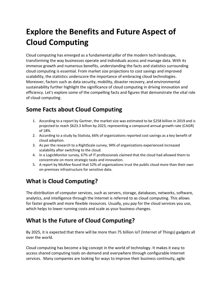 explore the benefits and future aspect of cloud