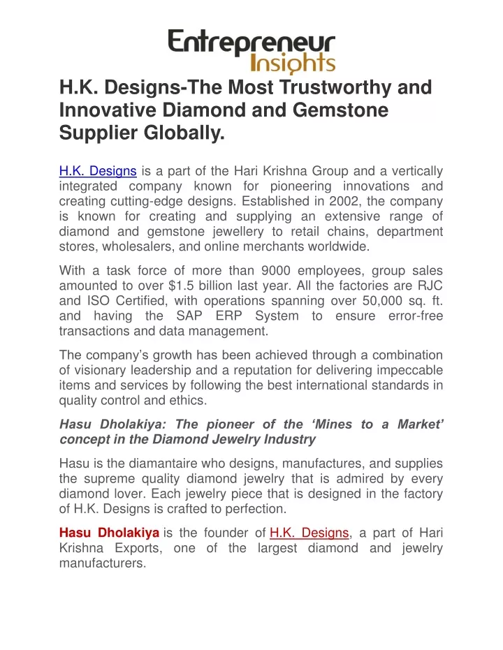 h k designs the most trustworthy and innovative