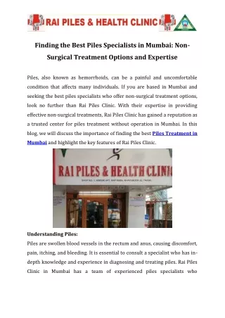 Finding the Best Piles Specialists in Mumbai Non-Surgical Treatment Options and Expertise