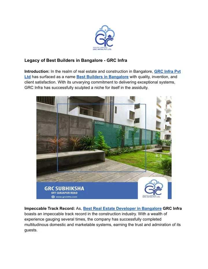 legacy of best builders in bangalore grc infra