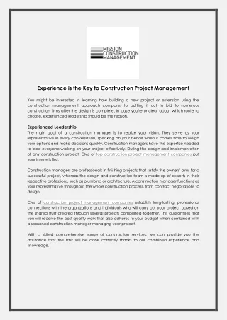 Experience is the Key to Construction Project Management