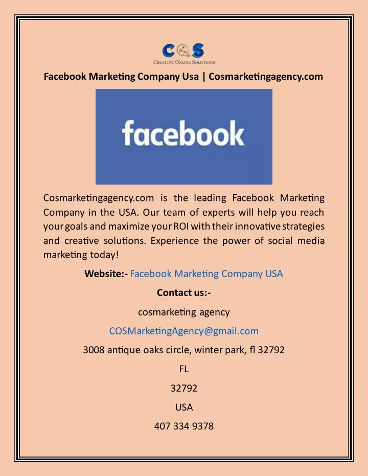 facebook marketing company usa cosmarketingagency