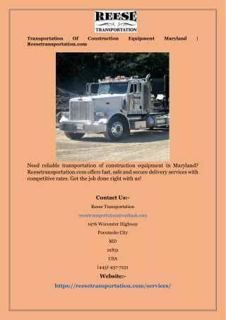 Transportation Of Construction Equipment Maryland | Reesetransportation.com