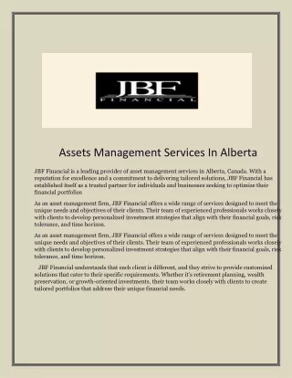 Assets Management Services In Alberta  |  JBF Financial
