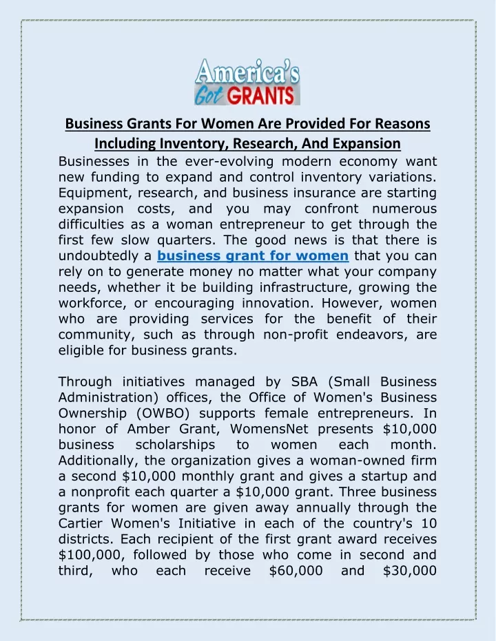 business grants for women are provided