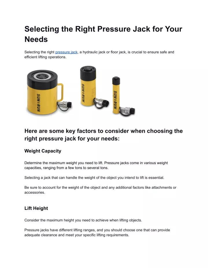 selecting the right pressure jack for your needs