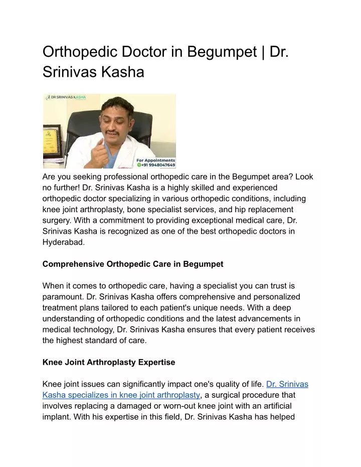 orthopedic doctor in begumpet dr srinivas kasha