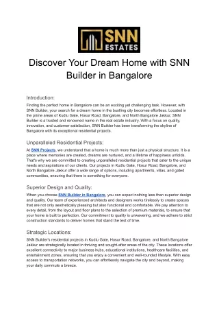 Discover Your Dream Home with SNN Builder in Bangalore