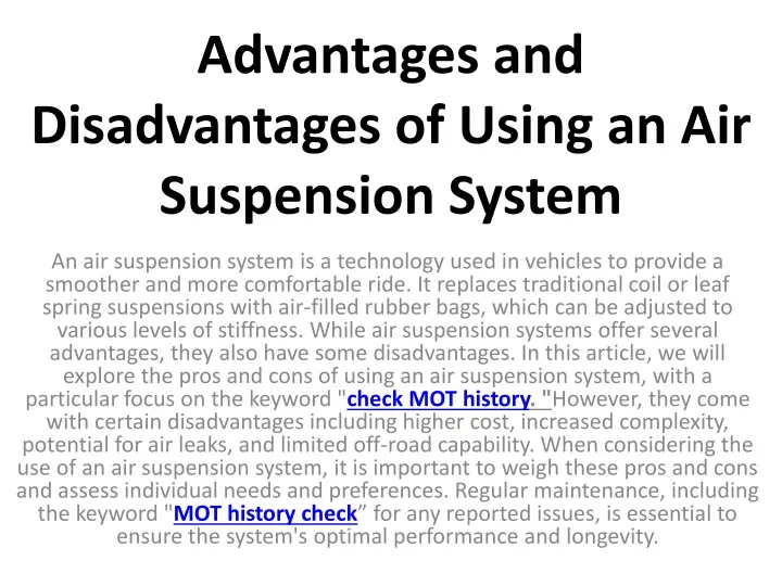 advantages and disadvantages of using an air suspension system