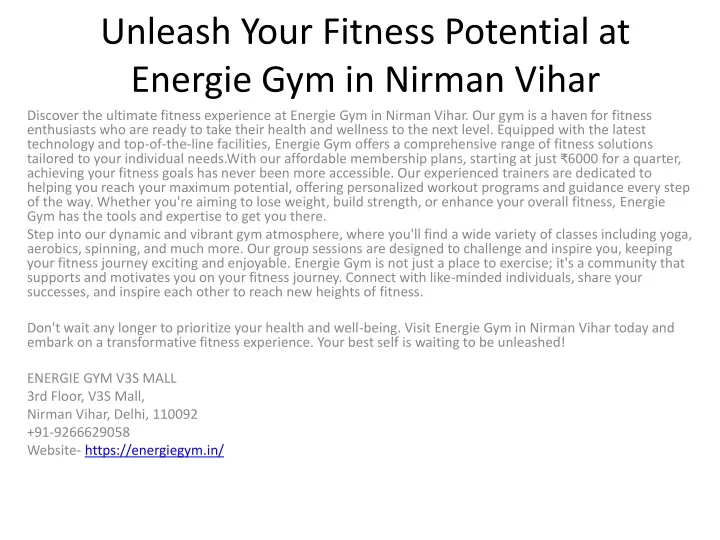 unleash your fitness potential at energie gym in nirman vihar