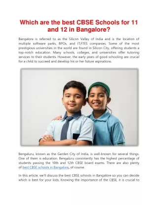 Which are the best CBSE Schools for 11 and 12 in Bangalore