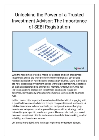 Unlocking the Power of a Trusted Investment Advisor The Importance of SEBI Registration
