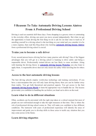 5 reasons to take Automatic Driving lessons Aintree from a professional driving school