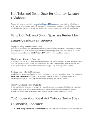 2023 - Hot Tubs and Swim Spas for Country Leisure Oklahoma