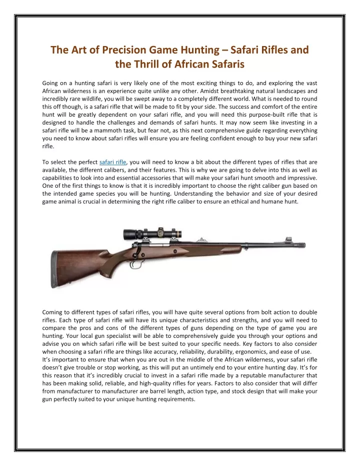 the art of precision game hunting safari rifles