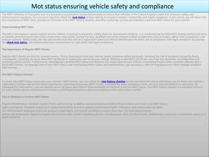 mot status ensuring vehicle safety and compliance