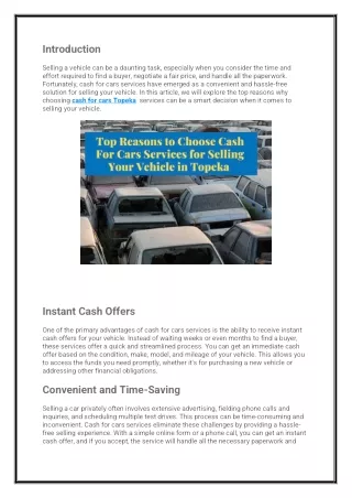 Top Reasons to Choose Cash For Cars Services for Selling Your Vehicle in Topeka