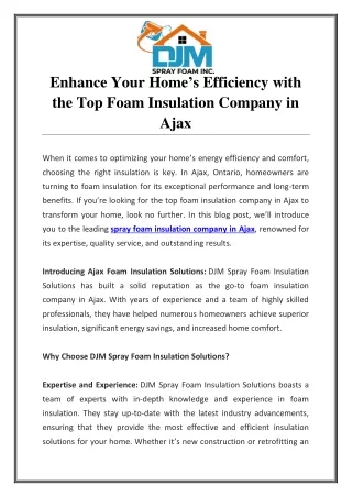 Enhance Your Home’s Efficiency with the Top Foam Insulation Company in Ajax